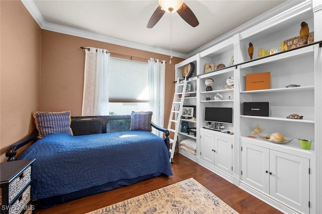 bedroom with ceiling fan, dark hardwood / wood-style floors, and ornamental molding