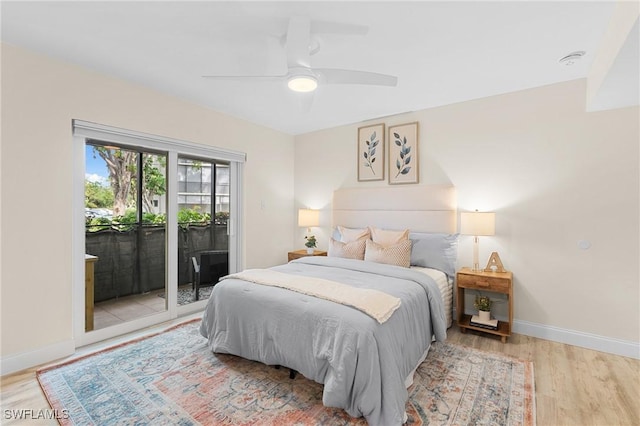 bedroom with access to outside, ceiling fan, and light wood-type flooring