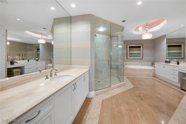 full bathroom with recessed lighting, a sink, visible vents, a bath, and a stall shower