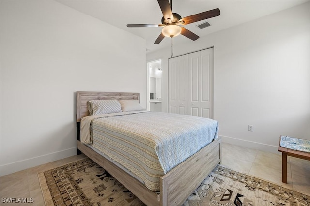 tiled bedroom featuring ceiling fan and a closet