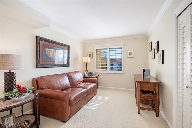 living room featuring light carpet and ornamental molding