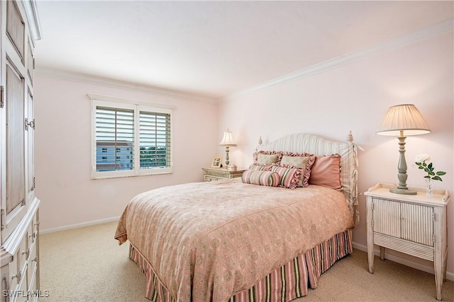 carpeted bedroom with crown molding