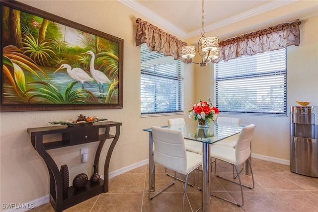 tiled dining space with crown molding and a chandelier