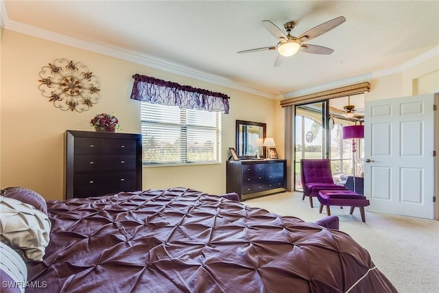 carpeted bedroom with ceiling fan and crown molding