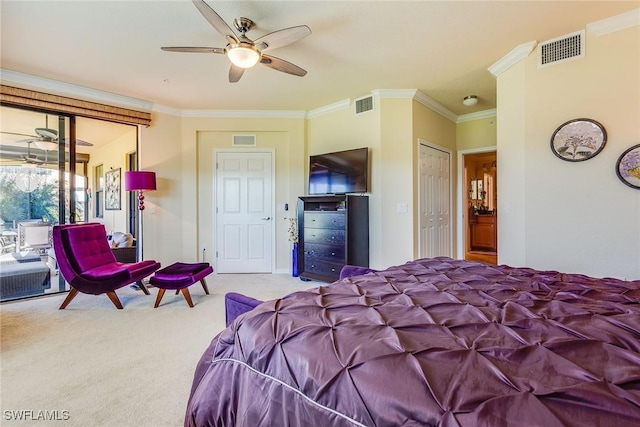 carpeted bedroom featuring ceiling fan, ornamental molding, and a closet