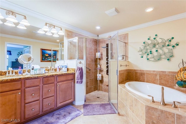 bathroom with crown molding, tile patterned flooring, vanity, and shower with separate bathtub