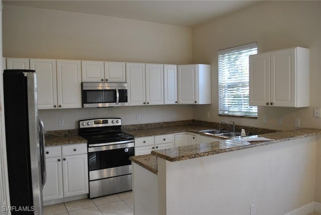 kitchen featuring white cabinetry, sink, kitchen peninsula, and stainless steel appliances