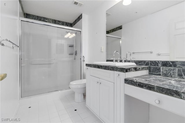 full bath featuring visible vents, a shower stall, toilet, tile patterned floors, and vanity