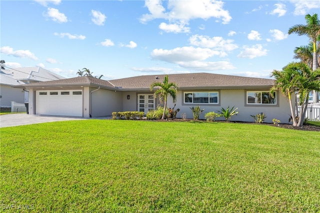 ranch-style house with a front yard, an attached garage, driveway, and stucco siding