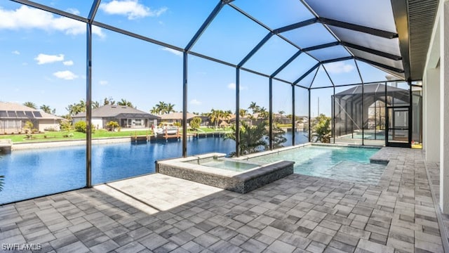 view of swimming pool featuring a lanai, an in ground hot tub, a water view, and a patio