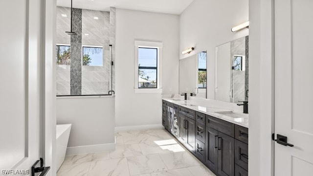 bathroom with plus walk in shower and vanity