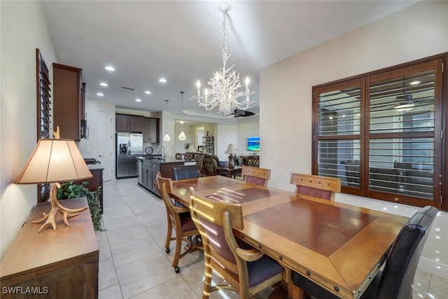 dining room featuring an inviting chandelier, light tile patterned flooring, visible vents, and recessed lighting