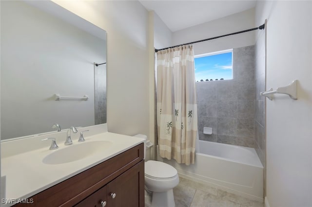 full bathroom with toilet, tile patterned floors, shower / tub combo with curtain, and vanity