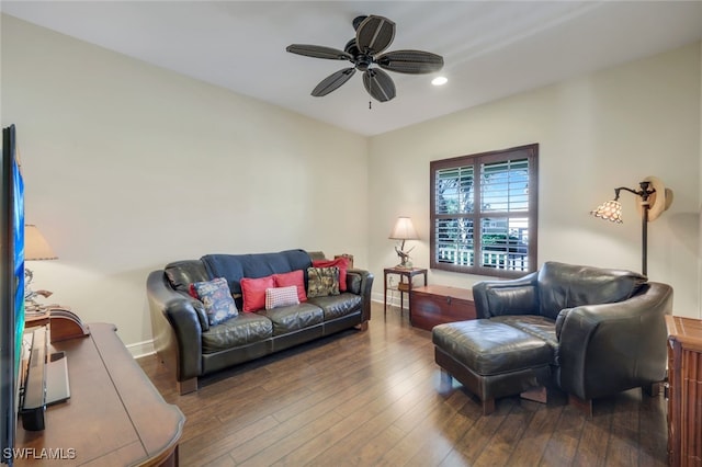 living room featuring dark wood-style flooring, recessed lighting, a ceiling fan, and baseboards