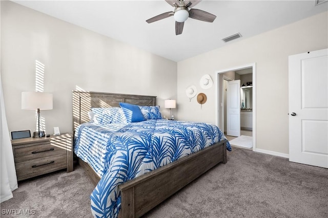 carpeted bedroom featuring connected bathroom and ceiling fan