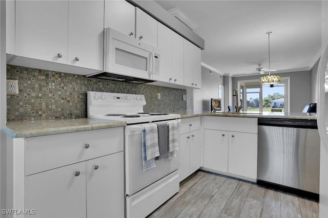 kitchen with white cabinets, ceiling fan, white appliances, and light hardwood / wood-style flooring