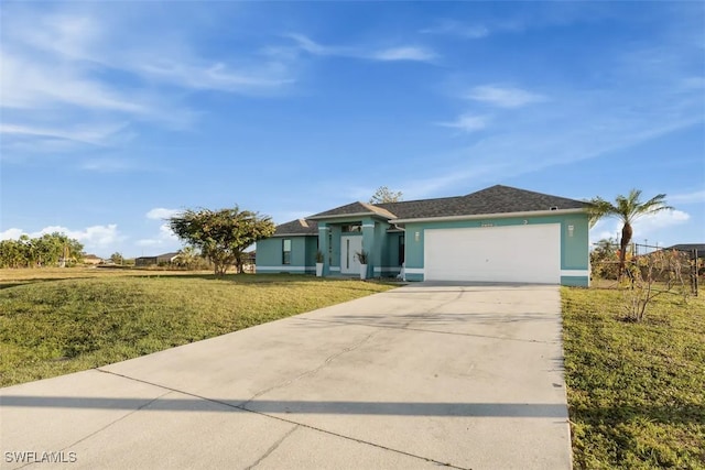 ranch-style house with a garage and a front lawn