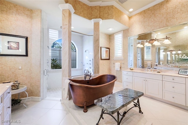 bathroom featuring tile patterned flooring, vanity, separate shower and tub, and crown molding