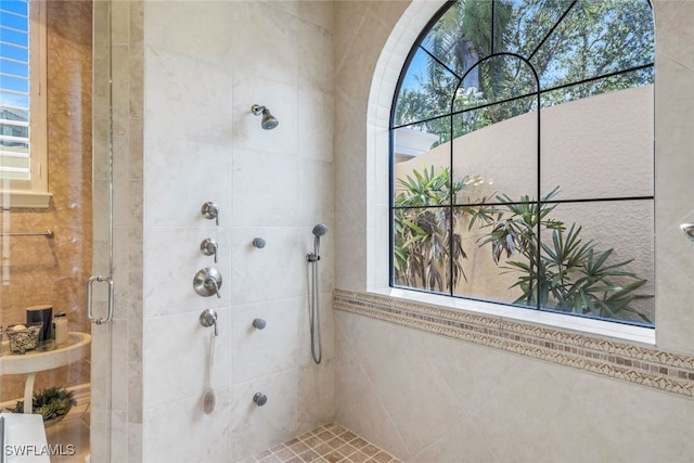 bathroom with a shower with shower door and a wealth of natural light