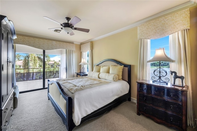 bedroom featuring access to exterior, multiple windows, crown molding, and ceiling fan