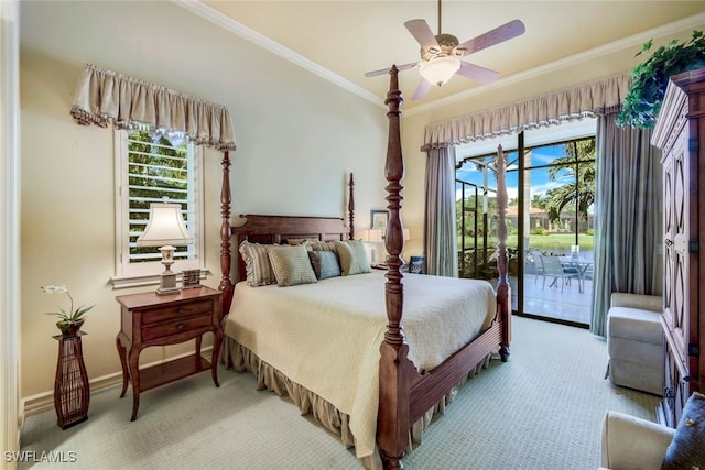 bedroom featuring access to exterior, ceiling fan, crown molding, and light carpet