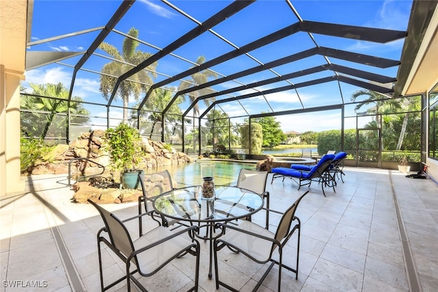 view of patio featuring glass enclosure