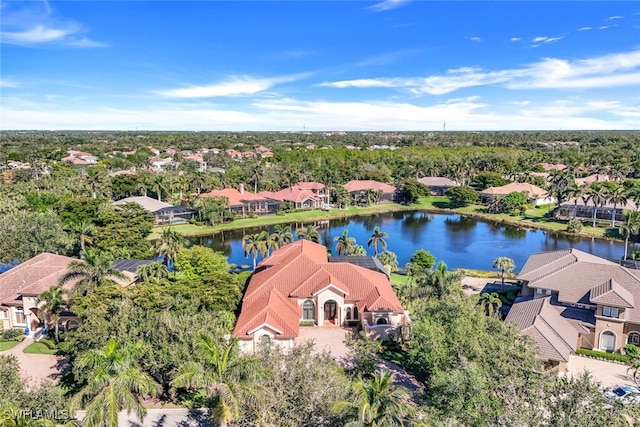 drone / aerial view featuring a water view