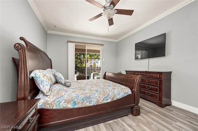 bedroom featuring ceiling fan, light wood-type flooring, ornamental molding, and access to outside