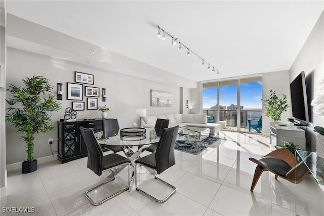 tiled dining room with expansive windows and rail lighting