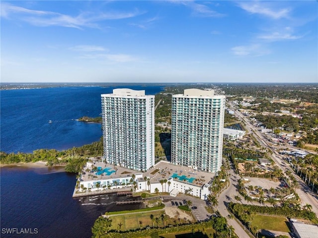 drone / aerial view featuring a water view