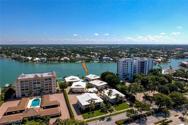 birds eye view of property featuring a water view