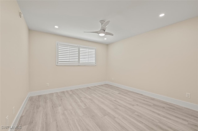 unfurnished room featuring a ceiling fan, recessed lighting, baseboards, and light wood finished floors