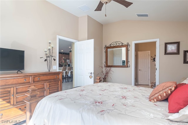 bedroom with ceiling fan and vaulted ceiling