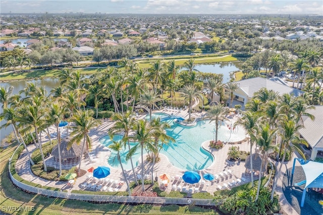 drone / aerial view with a water view