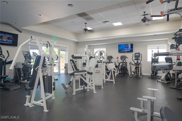 gym featuring ceiling fan, a paneled ceiling, a raised ceiling, and a wealth of natural light