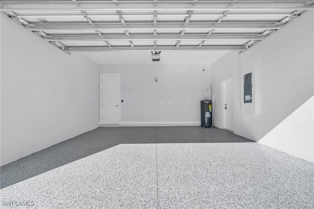 garage featuring a garage door opener and water heater