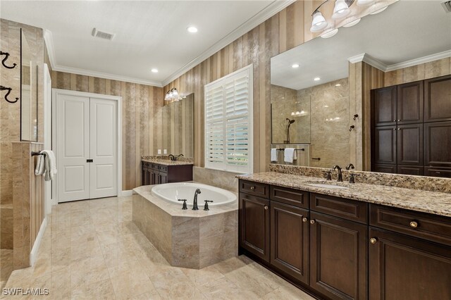 bathroom with vanity, shower with separate bathtub, and crown molding