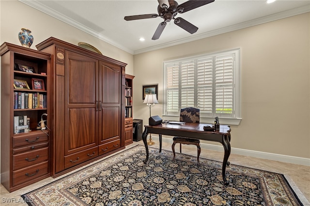 office featuring ceiling fan and ornamental molding