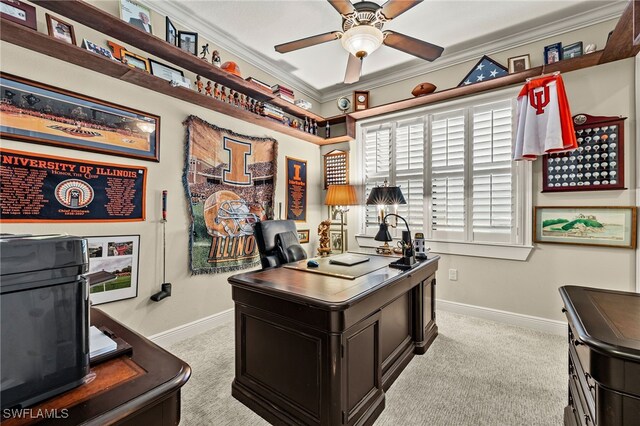 carpeted office with ceiling fan and ornamental molding