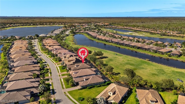 aerial view featuring a water view