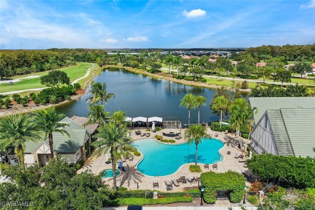 birds eye view of property with a water view