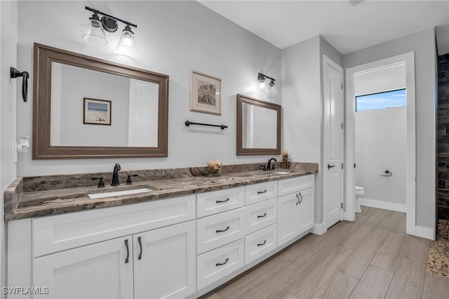 bathroom with toilet, vanity, and hardwood / wood-style flooring