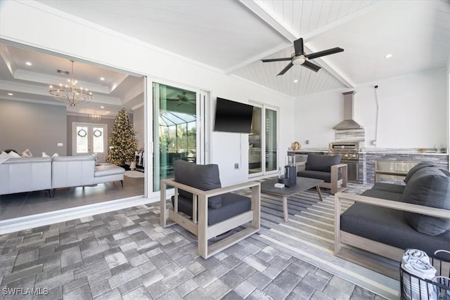 view of patio / terrace featuring ceiling fan, area for grilling, and an outdoor living space