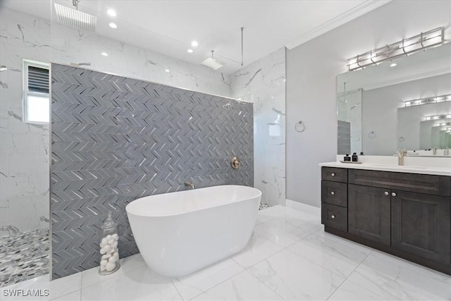 bathroom with shower with separate bathtub, crown molding, tile walls, and vanity