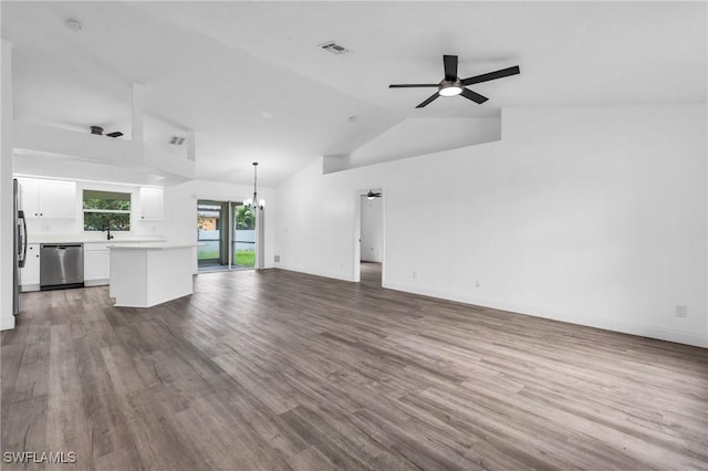 unfurnished living room featuring hardwood / wood-style floors, high vaulted ceiling, and ceiling fan