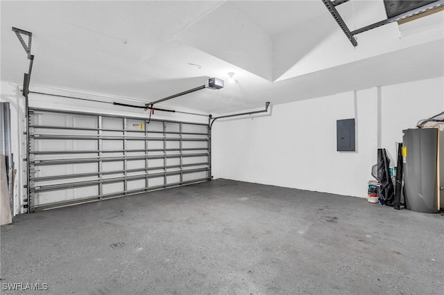 garage featuring a garage door opener, electric panel, and water heater