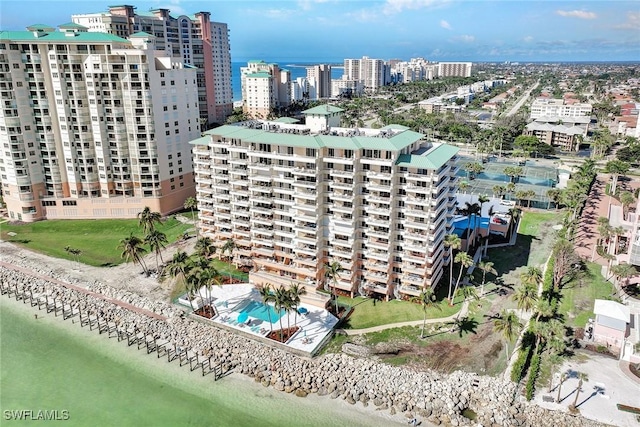 drone / aerial view featuring a water view