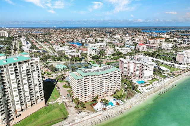 aerial view featuring a beach view and a water view