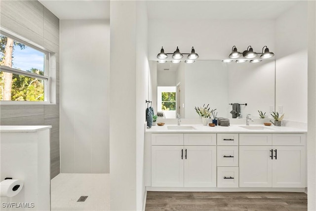 bathroom with a shower, hardwood / wood-style floors, and vanity