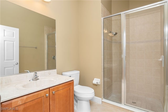 bathroom with tile patterned floors, vanity, toilet, and walk in shower